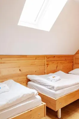 two twin beds in a room with a skylight at Chalet Pokljuka in Goreljek