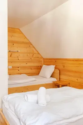 two beds in a room with wooden walls at Chalet Pokljuka in Goreljek