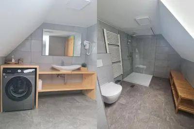 a bathroom with a sink and a washing machine at Chalet Pokljuka in Goreljek