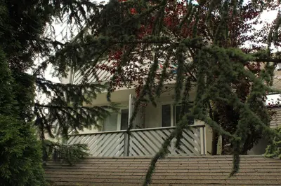 a white house with a window and some trees at Vila Apartment Bled Lake in Bled