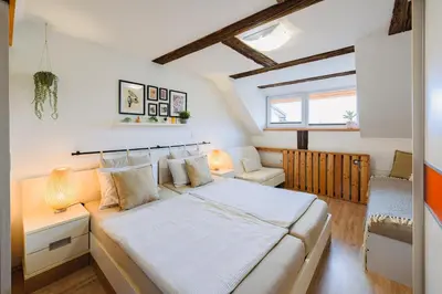 a bedroom with a large bed and a couch at ABC apartments in Kamnik