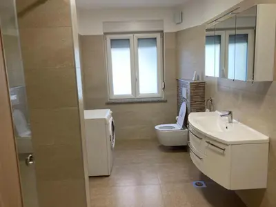 a bathroom with a sink and a toilet and a window at First Vrtovin Apartment in Črniče
