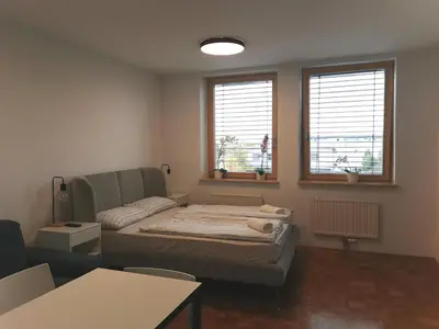 a bedroom with a bed and a couch and two windows at Dunajska Apartment in Ljubljana