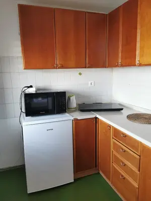 a kitchen with a microwave on top of a refrigerator at Dunajska Apartment in Ljubljana