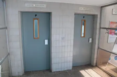 two blue doors in a bathroom with tiles at Dunajska Apartment in Ljubljana