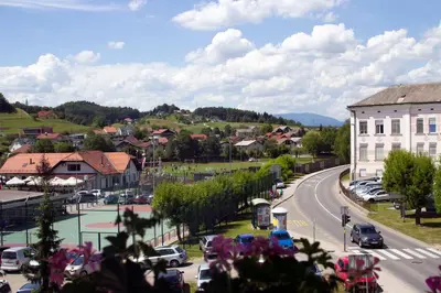 a city street with cars parked on the side of a road at Guest house Bohorč in Šentjur