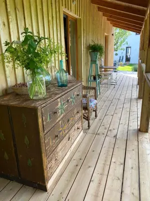 an old chest on a porch with plants on it at Mala Kmetija in Slovenske Konjice