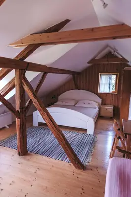 a bedroom with two beds in a attic at Mala Kmetija in Slovenske Konjice