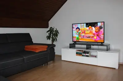 a living room with a black couch and a flat screen tv at Apartma Maržič in Kranjska Gora