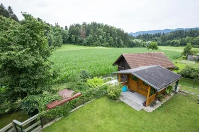 an overhead view of a small house in a field at Apartment Ina in Bled