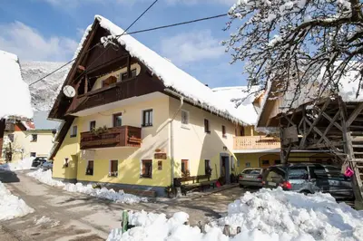 a house with snow on the roof at Farmhouse pri Miklavu in Bohinj