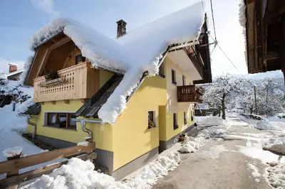 a house covered in snow in the winter at Farmhouse pri Miklavu in Bohinj