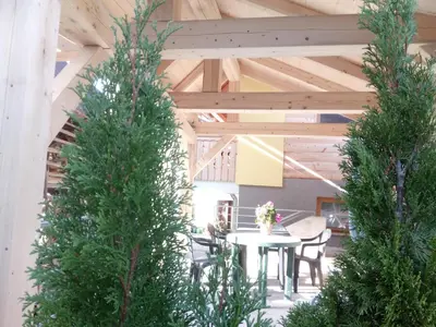 a table and chairs in a room with trees at Farmhouse pri Miklavu in Bohinj