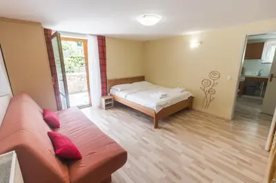 a living room with a bed and a couch at Apartments Henigman in Bohinj