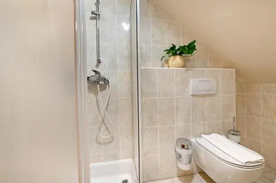a bathroom with a shower and a toilet at Turistična Kmetija Pungračič in Zavrč