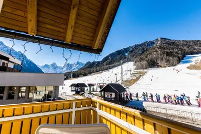 a view from a balcony of a ski resort at Apartment Katarina Kranjska Gora in Kranjska Gora