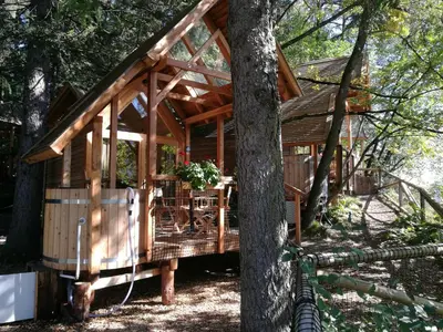 a wooden cabin in the woods with a tree at Ribno Alpine Glamping in Bled