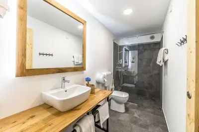 a bathroom with a sink and a shower at Ribno Alpine Glamping in Bled