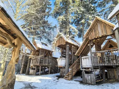 a group of wooden houses in the snow at Ribno Alpine Glamping in Bled