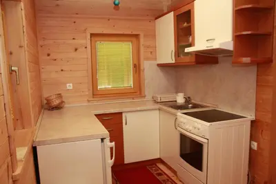 a small kitchen with a stove and a sink at Holiday House Jas-Mar in Radoslavci