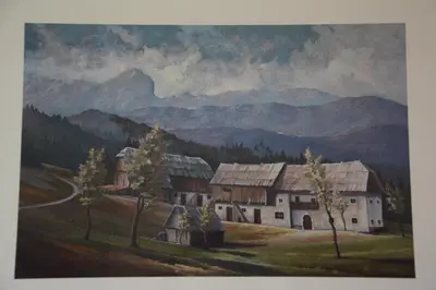 a painting of a farm with mountains in the background at Apartment Zatrnik in Bled
