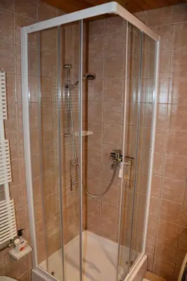 a shower with a glass door in a bathroom at Apartment Zatrnik in Bled