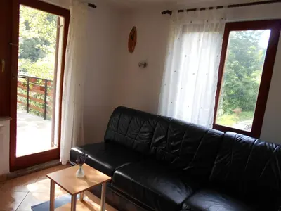 a black leather couch in a living room with two windows at Apartment Sela in Tolmin