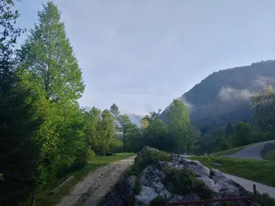 a dirt road in the middle of a mountain at Apartment Sela in Tolmin