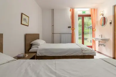 a hotel room with two beds and a window at Appleby Apartments Kersnik in Bohinj