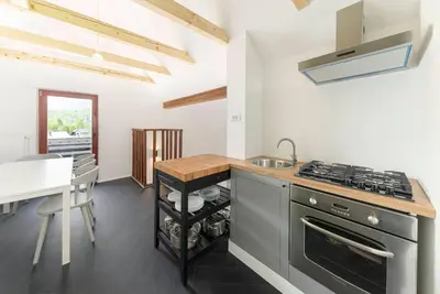 a kitchen with a sink and a stove top oven at Appleby Apartments Kersnik in Bohinj