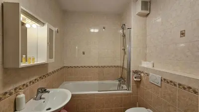 a bathroom with a tub and a sink and a toilet at Central Apartment Anita Tour As Ljubljana in Ljubljana