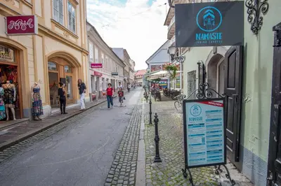 a street with people walking down the street at Bicycle apartment Ljubljana in Ljubljana