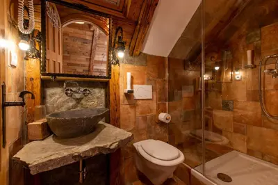 a bathroom with a sink and a toilet and a shower at Old Bled House in Bled
