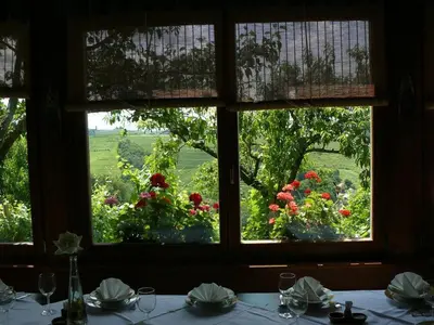 a table with a view of flowers through a window at Agroturism Jures in Ljutomer