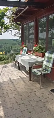 a table and two chairs on a patio at Agroturism Jures in Ljutomer
