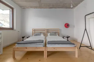 two twin beds in a room with a window at Nature apartment Kersnik in Bohinj