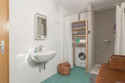 a bathroom with a sink and a washing machine at Nature apartment Kersnik in Bohinj