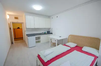 a small bedroom with a bed and a kitchen at Apartment Tržaška with free parking in Ljubljana