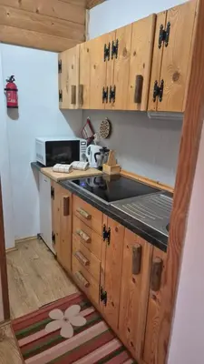 a kitchen with wooden cabinets and a counter top at Apartments Čebelica in Bohinj