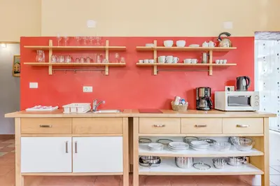 a kitchen with wooden cabinets and a red wall at Apartma Most in Most na Soči