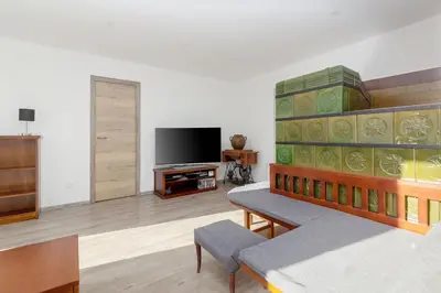 a living room with a couch and a tv at Old Mill House in Bohinj