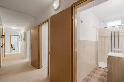 a bathroom with a walk in shower and a sink at Hisa Taljat in Most na Soči