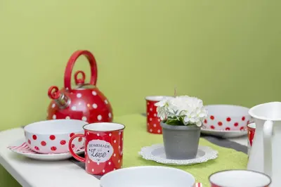 a table with red and white polka dot cups and plates at Apartma Sara in Bohinj