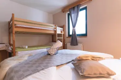 a bedroom with two bunk beds and a window at Brunarica in Bohinj