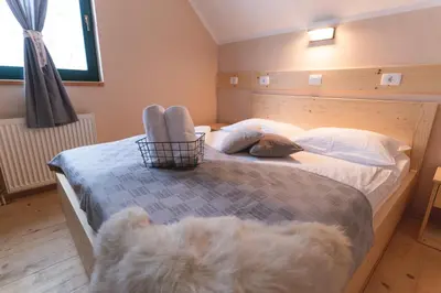 a bedroom with a bed with a dog laying on it at Brunarica in Bohinj