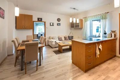 a kitchen and living room with a table and a dining room at Apartma BRINA, new bathroom in nov 24 in Kranjska Gora