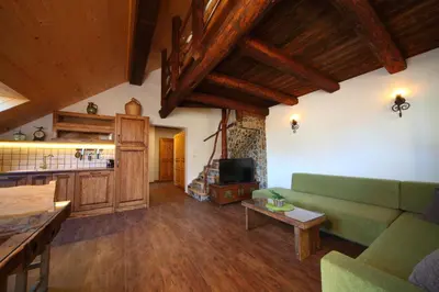 a living room with a green couch and a table at Pod Ponco Apartments in Kranjska Gora