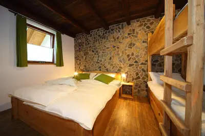 a bedroom with a bunk bed and a rock wall at Pod Ponco Apartments in Kranjska Gora