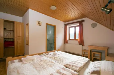 a bedroom with a bed and a wooden ceiling at Turistična kmetija Perk in Solčava