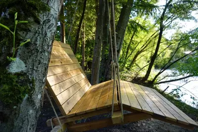 a wooden swing hanging from a tree in a forest at Apartma Židan in Kranjska Gora